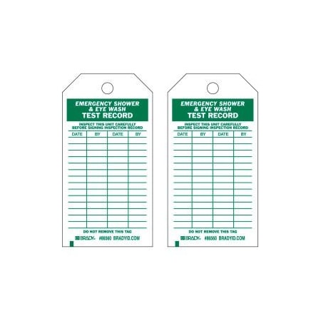 Brady Brady 86560 Emergency Shower & Eye Wash Test Record Tag, Polyester, 3"W x 5-3-3/4"H, 10/Pkg 86560